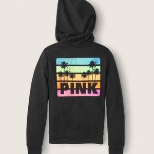 PINK VS Tropical Palm Tree Rainbow Shine Glitter Full Zip Hoodie Black NWT